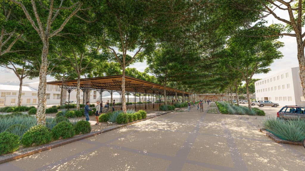 Aménagement Urbain Durable : Espace Vert et Auvent Moderne Promenade ombragée avec grand auvent métallique, arbres majestueux et passants dans un espace urbain moderne et verdoyant.