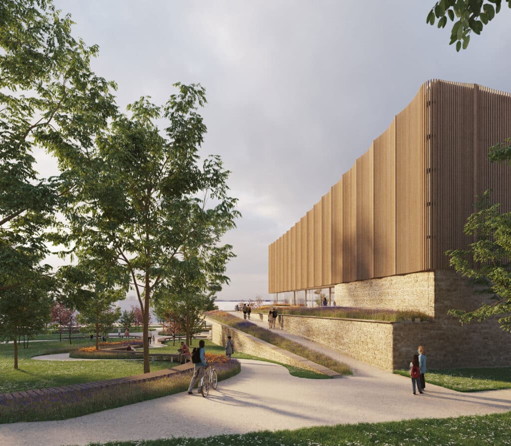 Architecture Bois et Pierre : Design de Parc Urbain Moderne Bâtiment moderne à façade bois et pierre dans un parc verdoyant avec promeneurs et cyclistes.