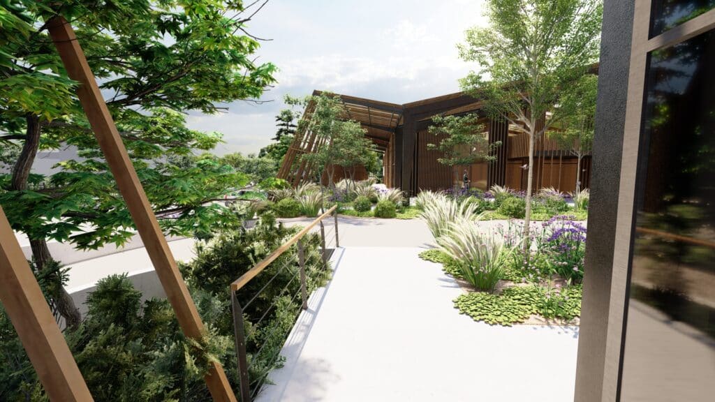 Architecture Moderne et Aménagement Paysager de Luxe Architecture moderne en bois avec aménagement paysager luxuriant, herbes hautes et fleurs violettes sous un ciel clair.