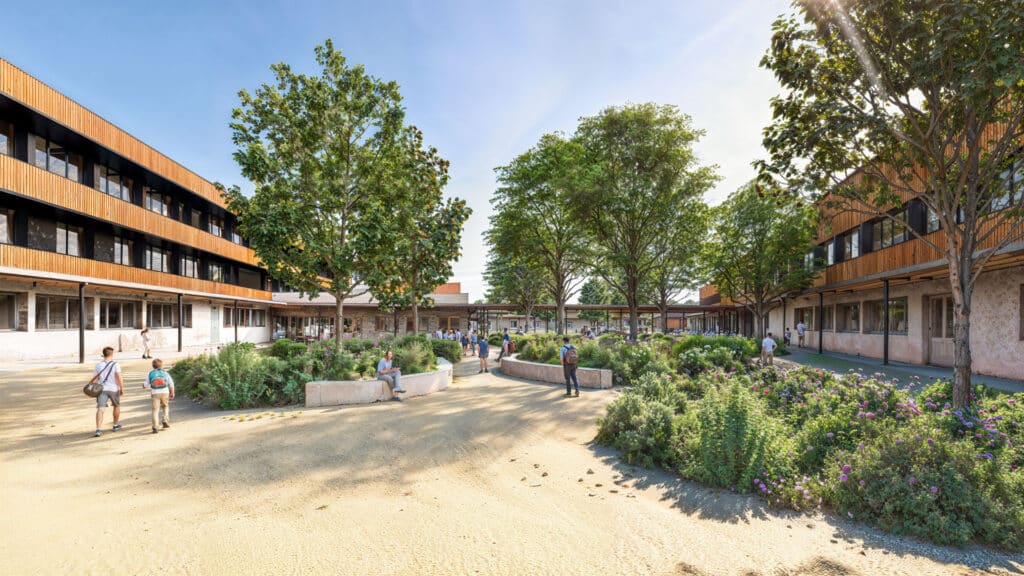 Architecture durable et aménagement paysager de campus Campus moderne avec bâtiments en bois et pierre, espaces verts arborés et étudiants se promenant dans la cour fleurie.