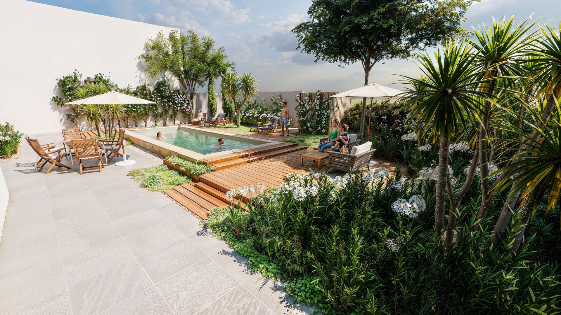 Détente au bord d'une piscine moderne avec terrasse en bois, mobilier de jardin et végétation luxuriante ensoleillée.