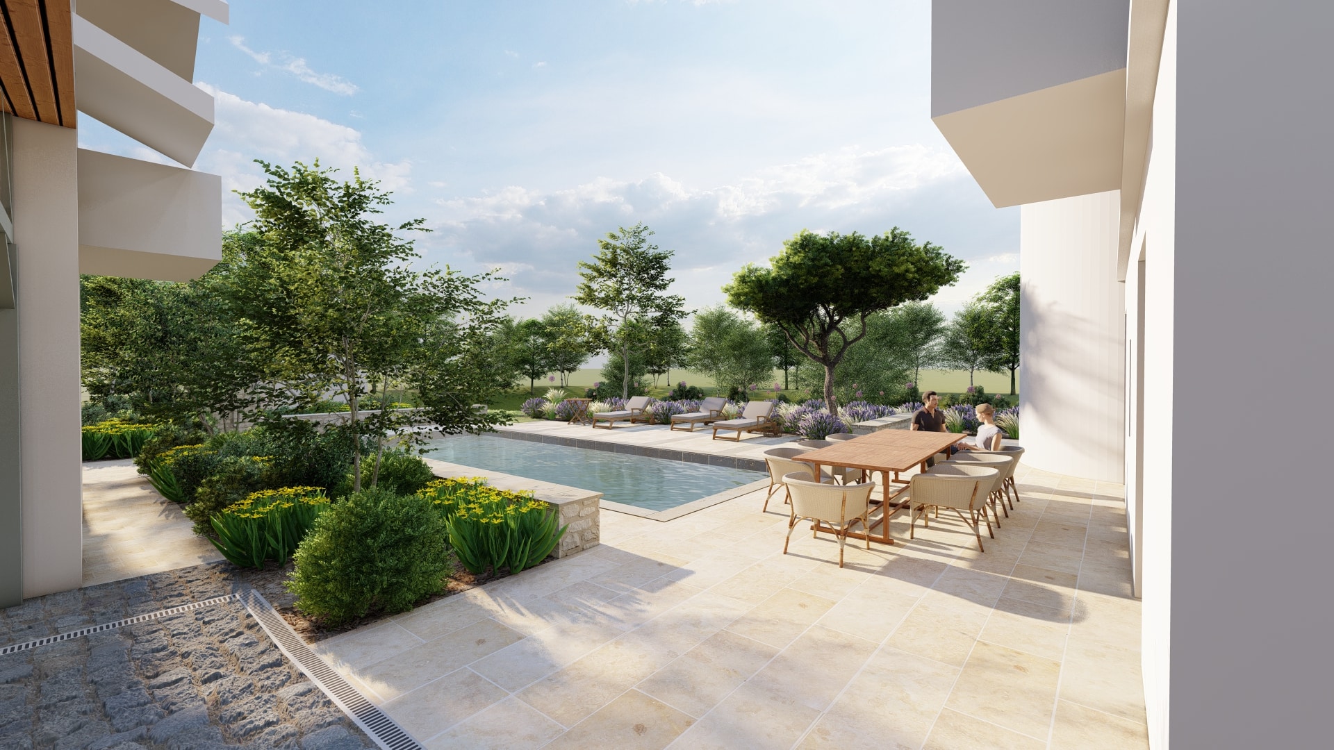 Terrasse moderne avec piscine, coin repas et jardin paysager sous un ciel ensoleillé.