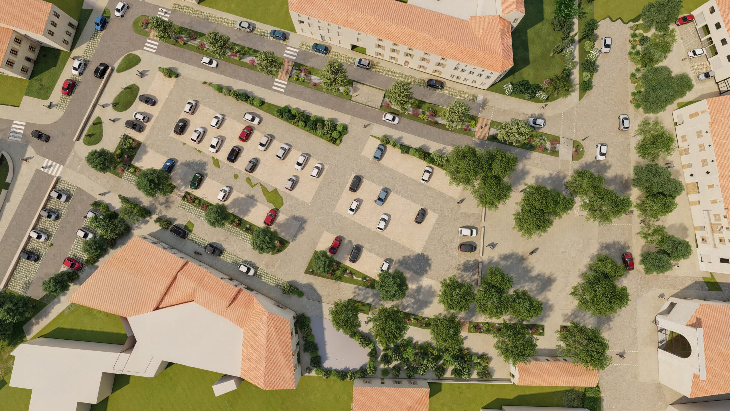 Parking paysagé avec espaces verts, voitures et bâtiments aux toits de tuiles rouges vus de haut.
