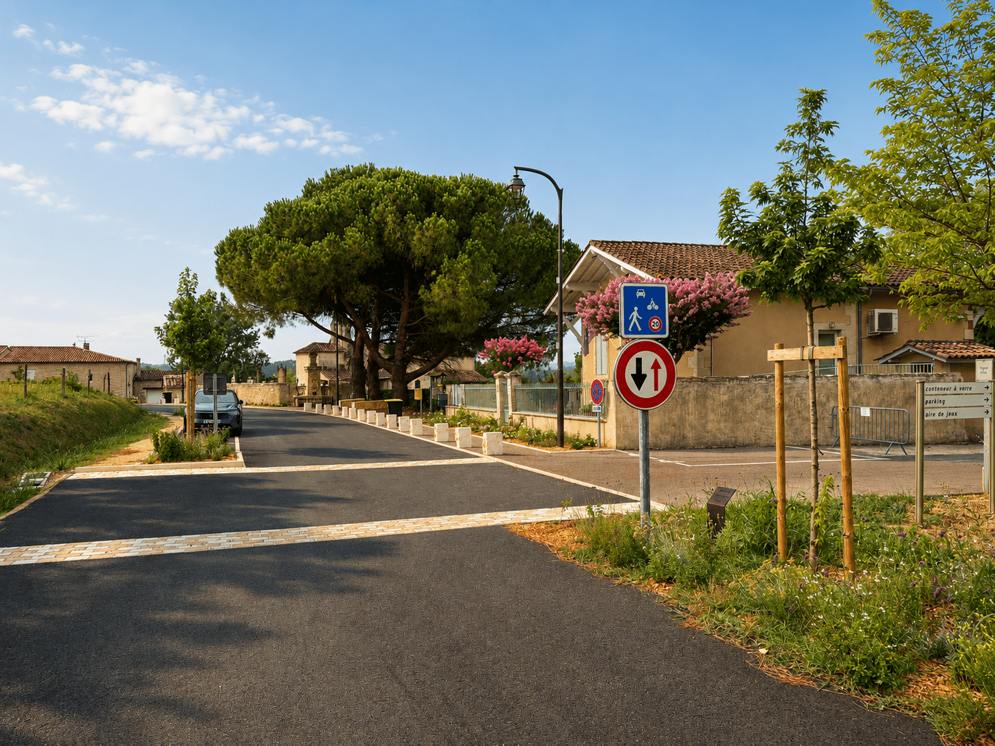 Rue de village pavée avec grand pin, signalisation et bâtiment ancien sous ciel bleu.
