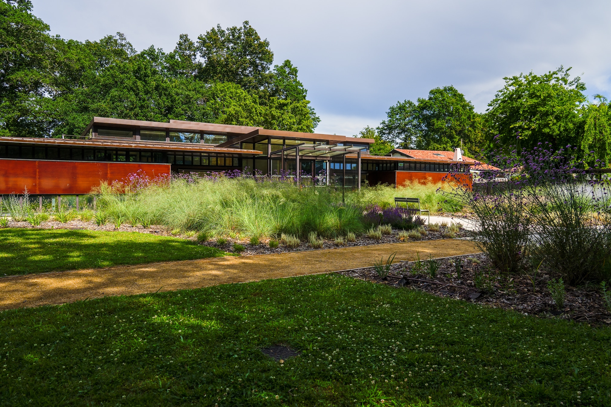 Bâtiment moderne ocre et jardin paysager avec graminées, fleurs mauves et sentier sous un ciel dégagé.