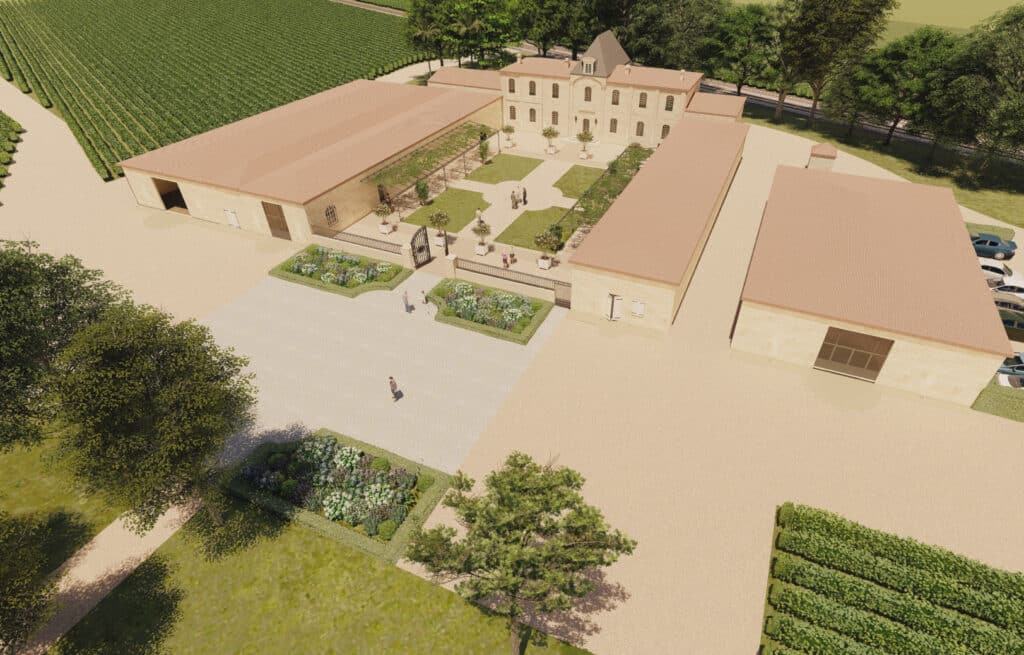 Domaine viticole haut de gamme avec cour et jardins Vue aérienne d'un domaine viticole en pierre avec cour centrale, jardins paysagers et vignes alentour.