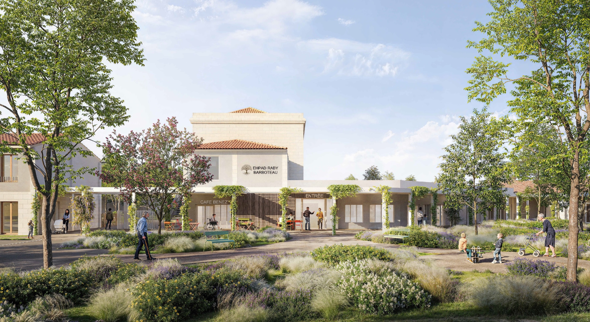 Entrée EHPAD Raby Barboteau, Café Benez et jardin fleuri. Personnes profitant de l'espace extérieur ensoleillé.