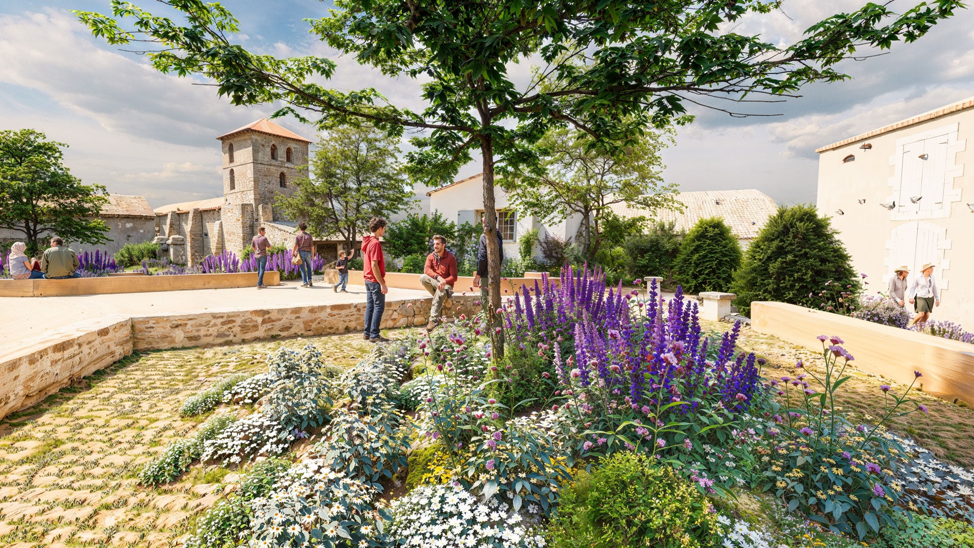 Jardin aux fleurs violettes devant une église ancienne avec des passants sous un ciel clair.