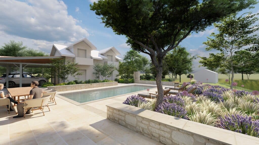 Terrasse moderne avec piscine, jardin de lavande et maison blanche. Deux personnes discutent près d'un carport.