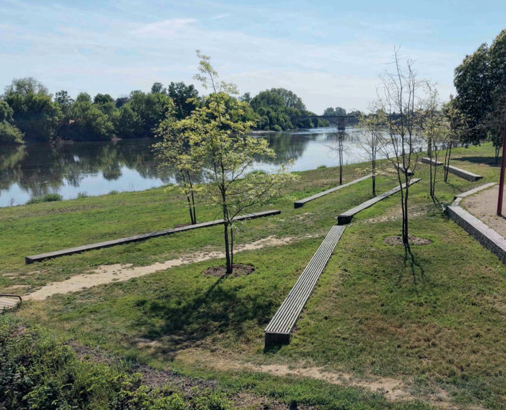 Parc paysager en bord de rivière avec bancs en bois modernes et arbres sous un ciel clair.
