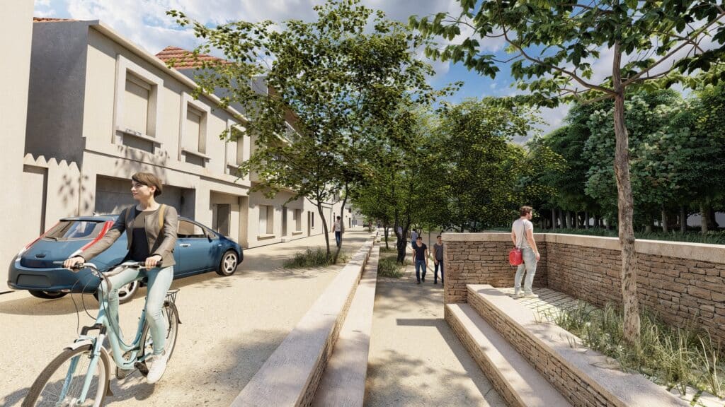 Aménagement urbain : Mobilité douce et espaces verts Cycliste dans une rue urbaine végétalisée avec piétons et architecture moderne.